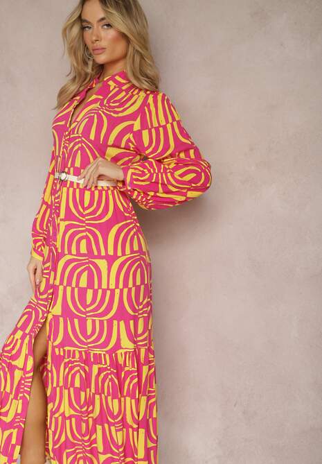 Różowo-Żółta Długa Sukienka Rozkloszowana w Geometryczne Wzory z Kołnierzykiem Skulle