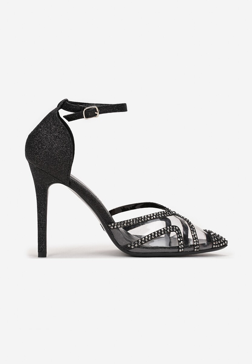 Czarne Brokatowe Szpilki z Transparentnym Noskiem i Cyrkoniami Zale