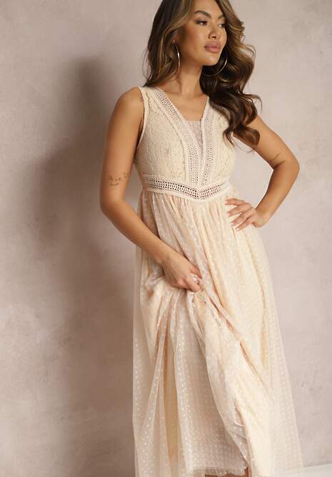 Beżowa Maxi Sukienka o Rozkloszowanym Kroju z Koronką i Tiulem Herdolia