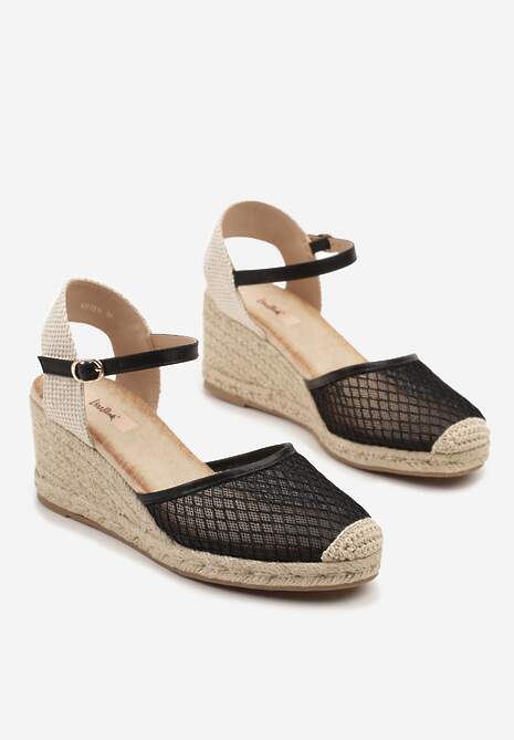 Czarne Sandały w Stylu Espadryli z Plecionką i Siateczką Meranella