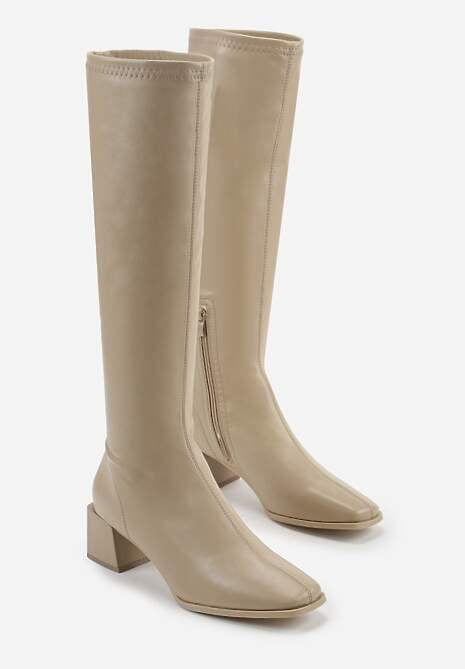 Ciemnobeżowe Kozaki na Geometrycznym Słupku z Kwadratowym Noskiem Brikalona