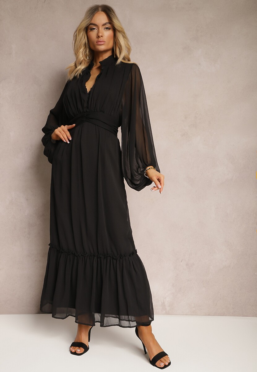 Czarna Rozkloszowana Sukienka Maxi ze Stójką i Falbanką Camillene