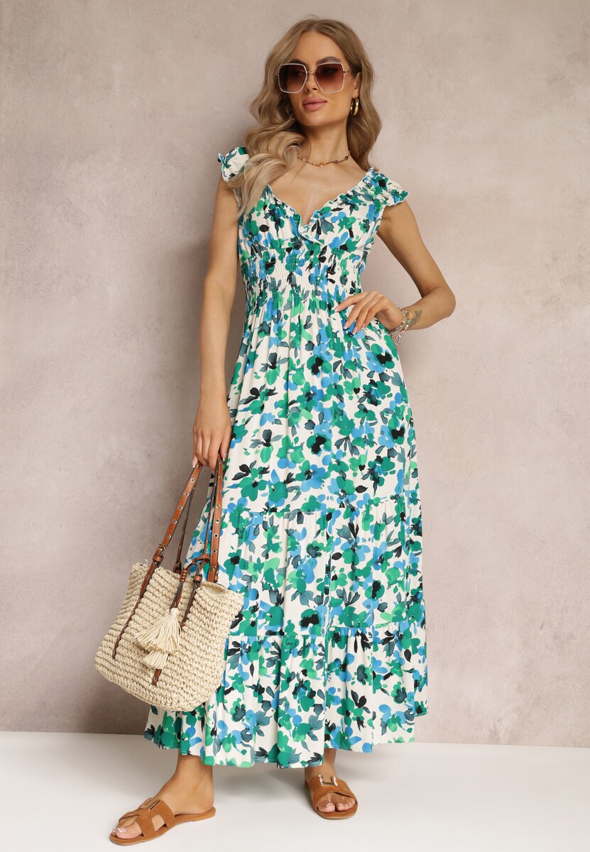 Fioletowo-Niebieska Kopertowa Sukienka Maxi w Kwiaty z Gumką w Pasie z Wiskozy Marielys