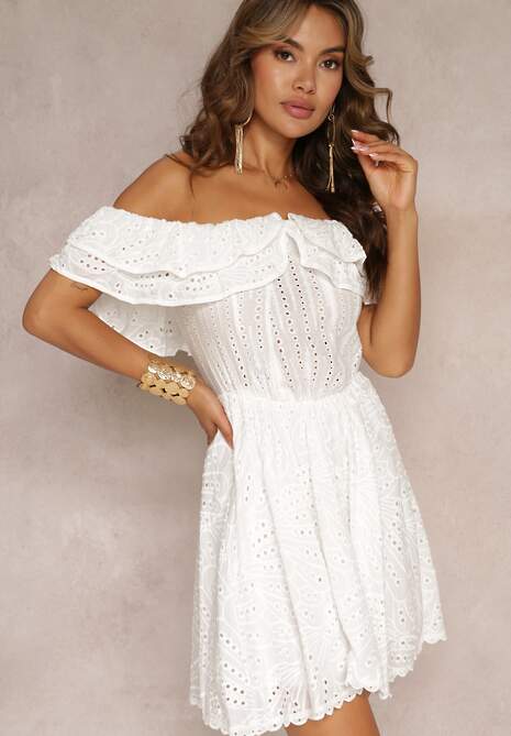 Biała Haftowana Sukienka Mini z Hiszpańskim Dekoltem i Gumką w Talii Nissi