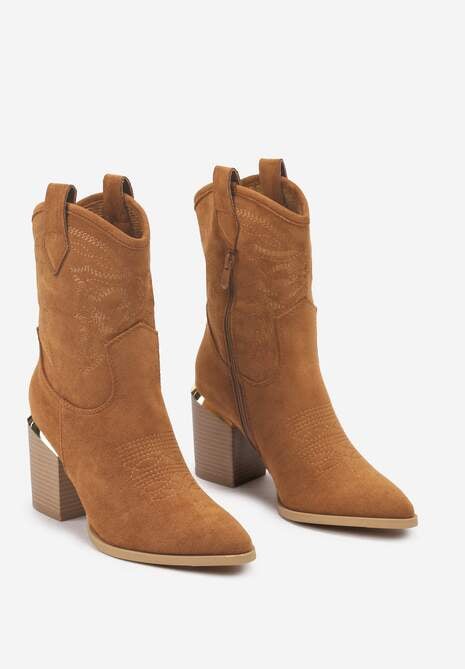 Brązowe Ażurowe Botki na Słupku w Kowbojskim Stylu Mevith