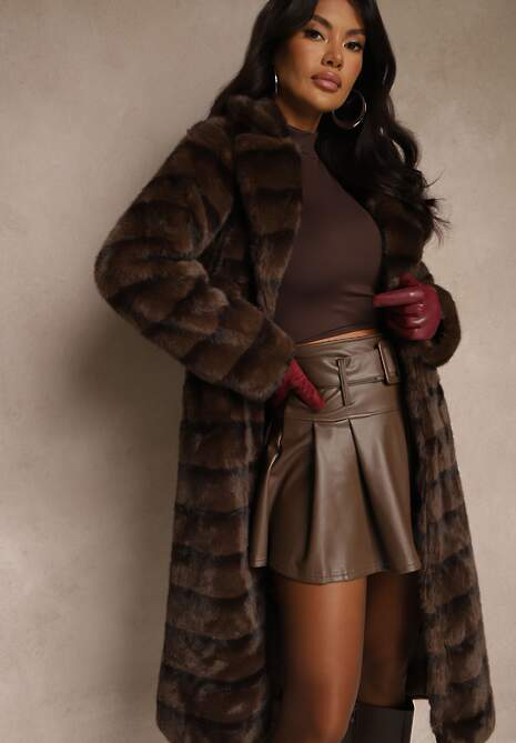 Brązowy Płaszcz Futerko z Dodatkowym Wiązanym Paskiem Alinella