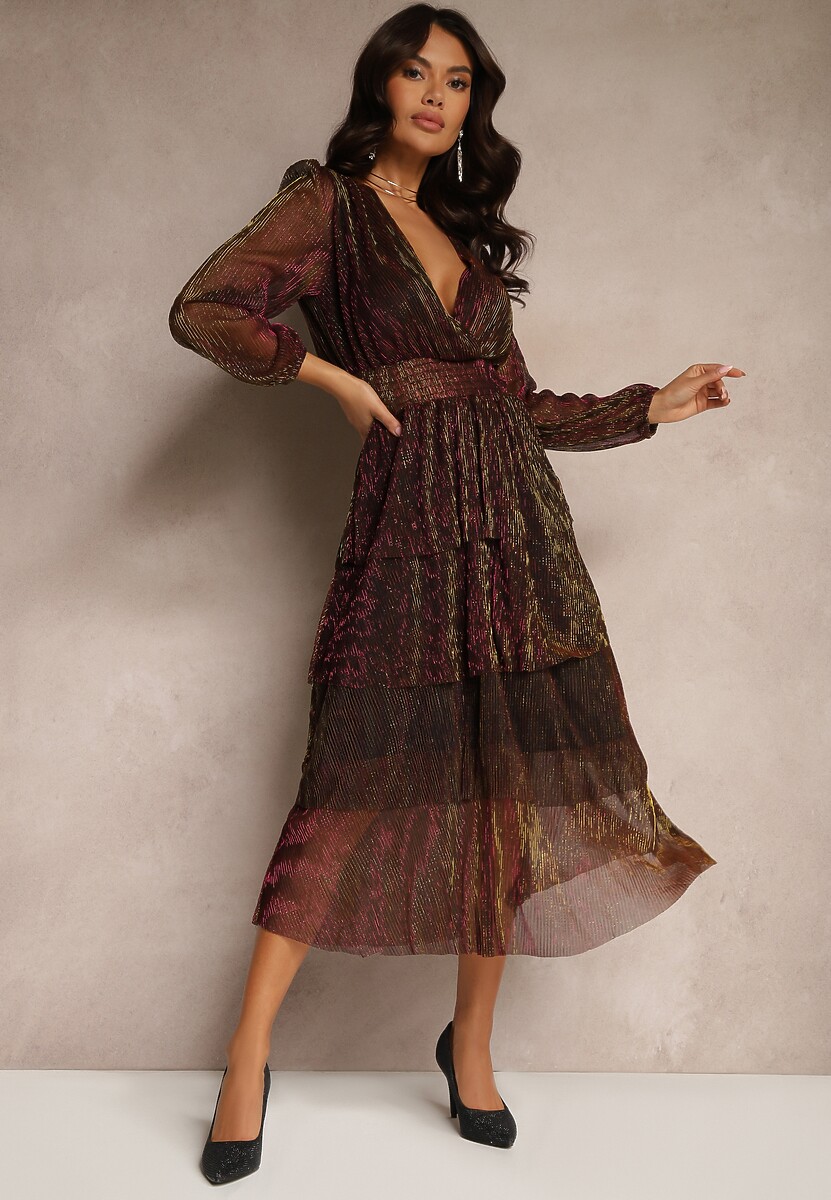 Bordowa Sukienka Błyszcząca z Falbanami i Transparentnym Rękawem Halose