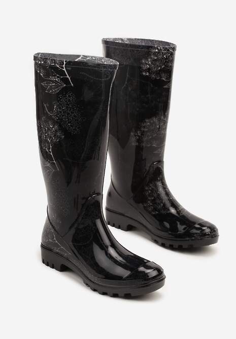 Czarne Kalosze o Klasycznym Fasonie z Motywem Roślinnym Talvanne