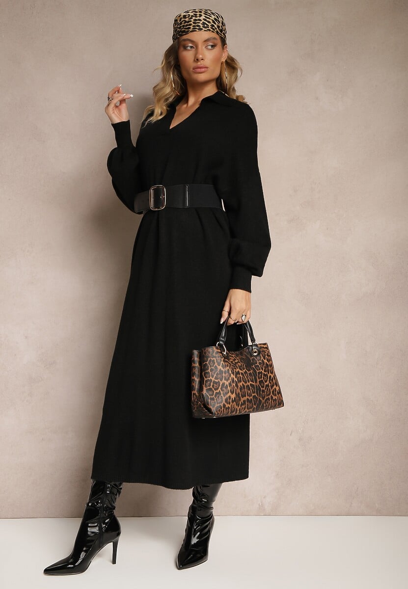 Czarna Sweterkowa Sukienka z Wiskozą o Pudełkowym Kroju Ozdobiona Kołnierzykiem Clarinnae