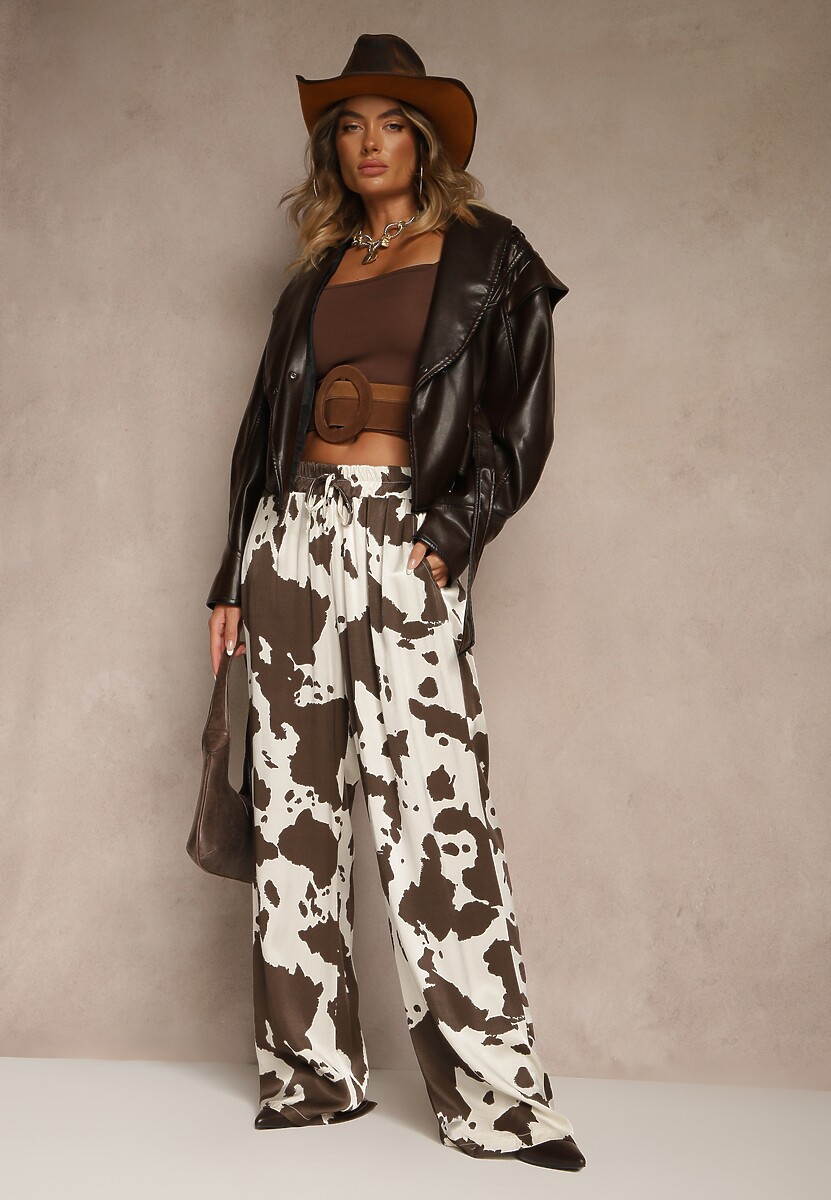 Brązowe Szerokie Spodnie High Waist z Wiskozy w Print w Krowie Łaty Nelianta