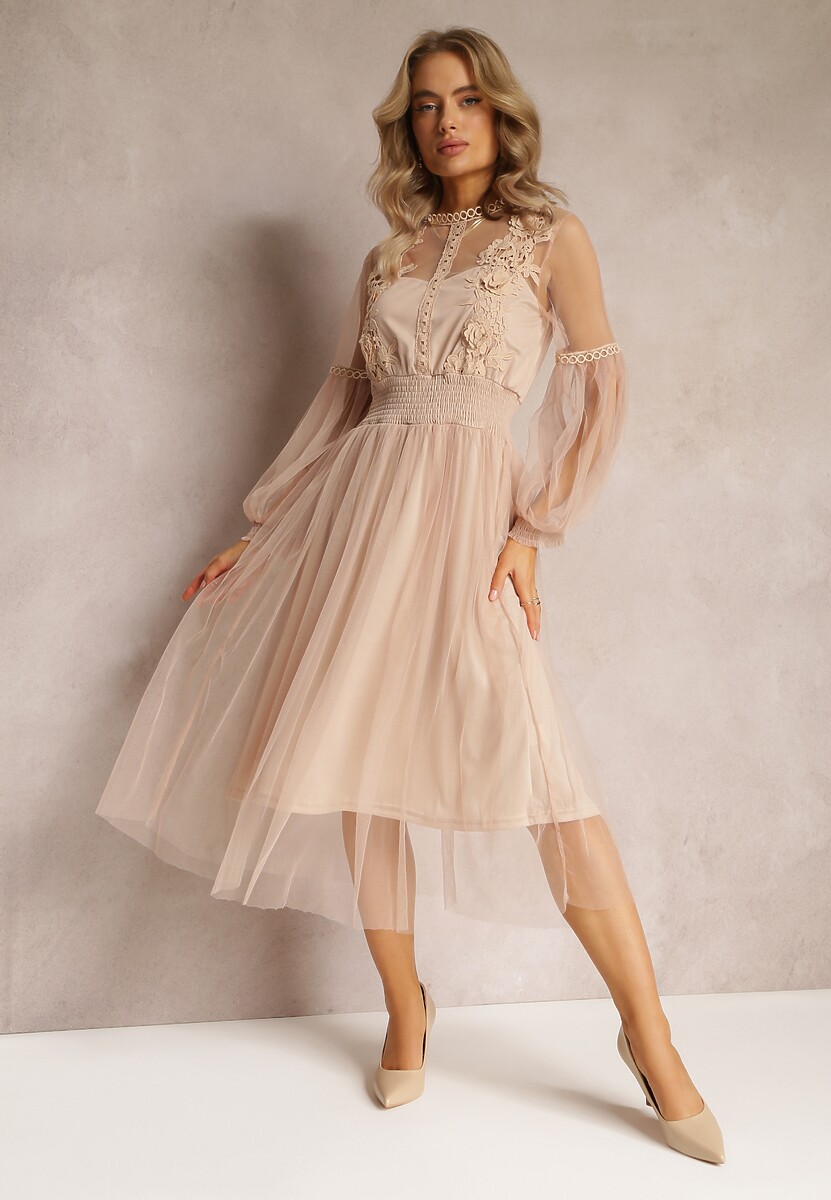Beżowa Tiulowa Sukienka Rozkloszowana z Koronką Nirthe
