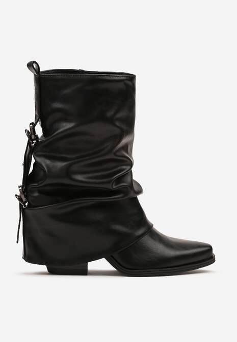 Czarne Botki Kowbojki na Stożku z Marszczoną Wywiniętą Cholewką i Klamrami Finitta