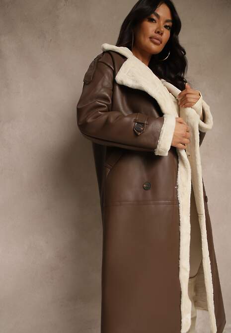 Brązowy Dwurzędowy Płaszcz Oversize z Imitacji Skóry i Futerkiem Vess