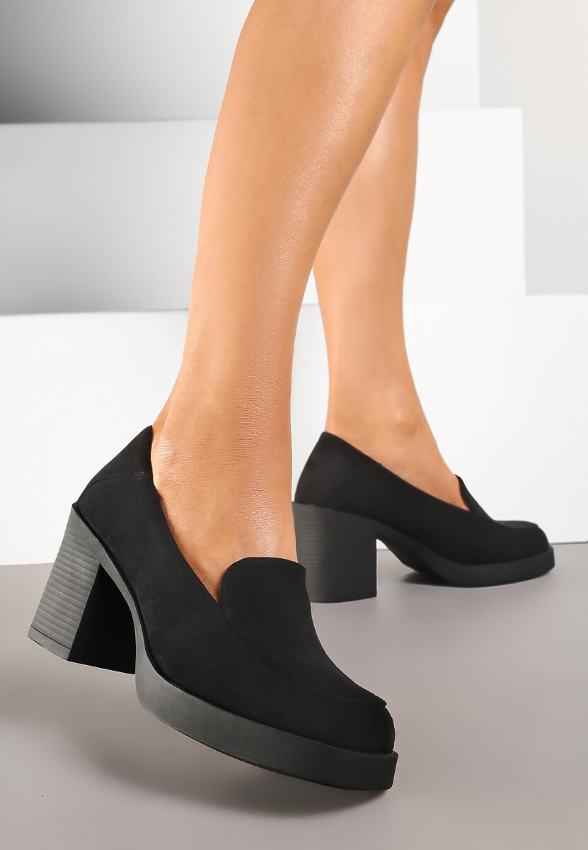 Czarne Półbuty w Stylu Loafersów na Słupku ze Skórzaną Wkładką Taltewi