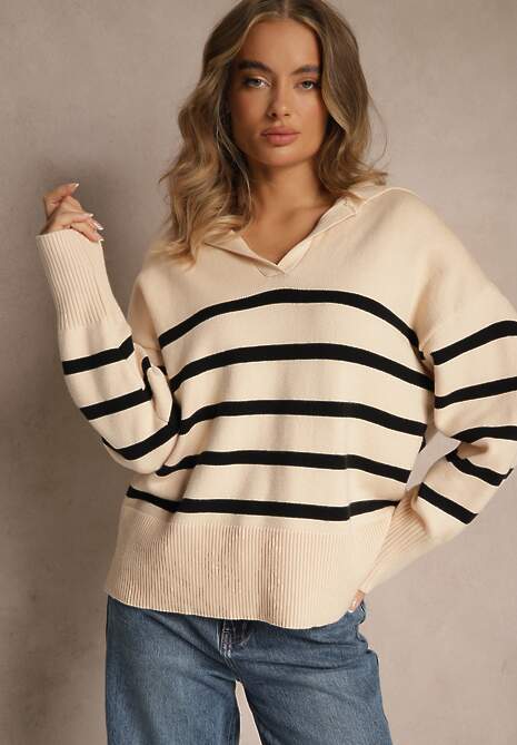Czarno-Beżowy Sweter w Paski z Dekoltem w Serek z Kołnierzykiem Ralinavia