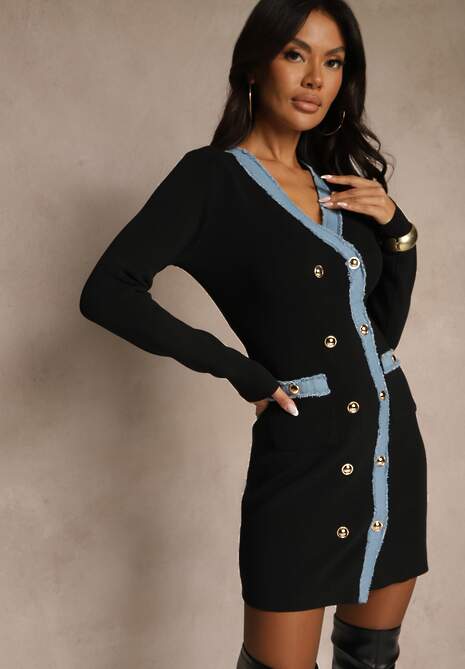 Czarna Dopasowana Sukienka Retro z Dzianiny z Wiskozą Zdobiona Napami Teremena