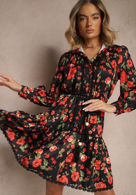 Czarna Rozkloszowana Sukienka z Koronkowymi Wstawkami i Sznurkiem Payten