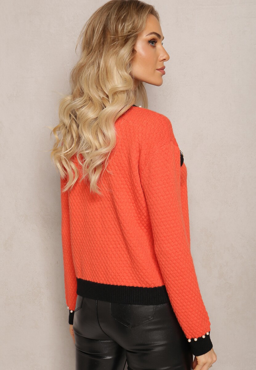 Pomarańczowy Kardigan z Wiskozy o Klasycznym Fasonie z Perłami i Kwiatami Kallu