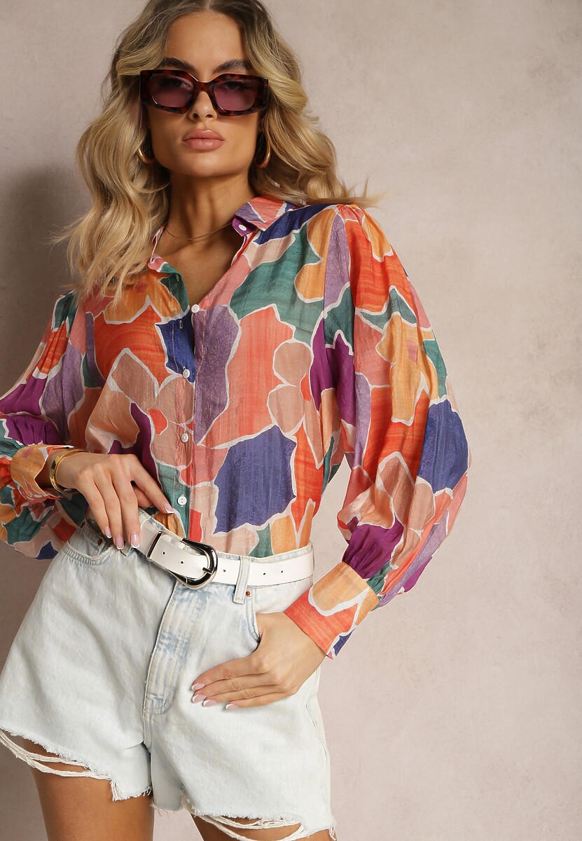 Pomarańczowo-Granatowa Koszula z Długim Rękawem i Szerokimi Mankietami Zapinana na Guziki Comenna