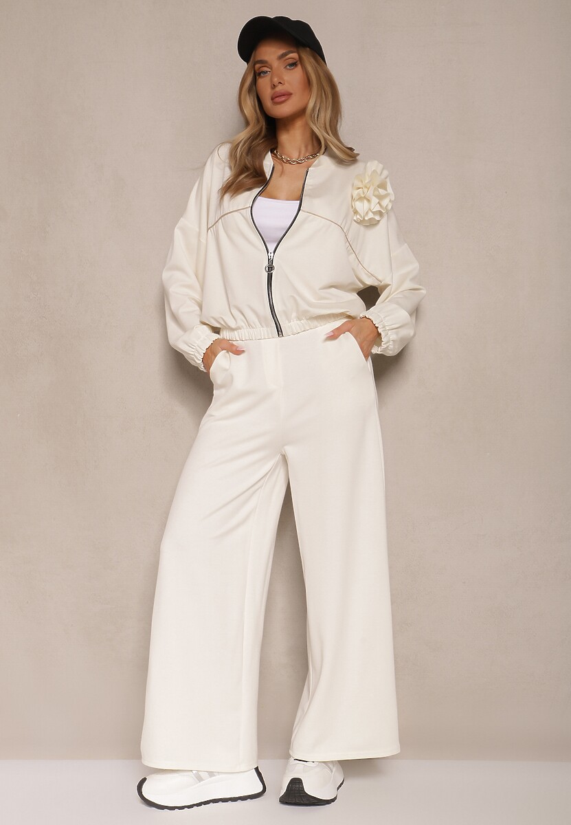 Ciemnobeżowy Komplet Dresowy z Wiskozą Spodnie o Szerokim Kroju i Bluza z Broszką Redaella