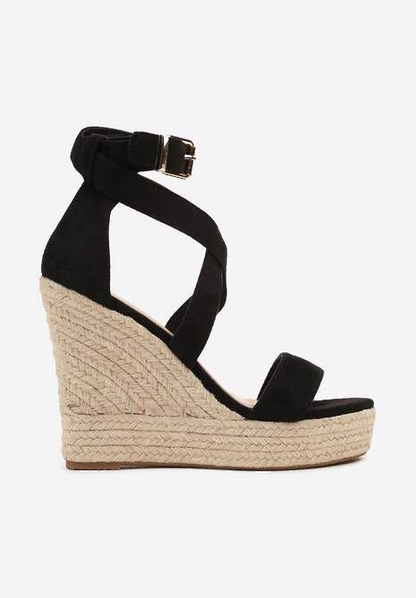 Czarne Sandały na Plecionym Koturnie i Platformie Tinami