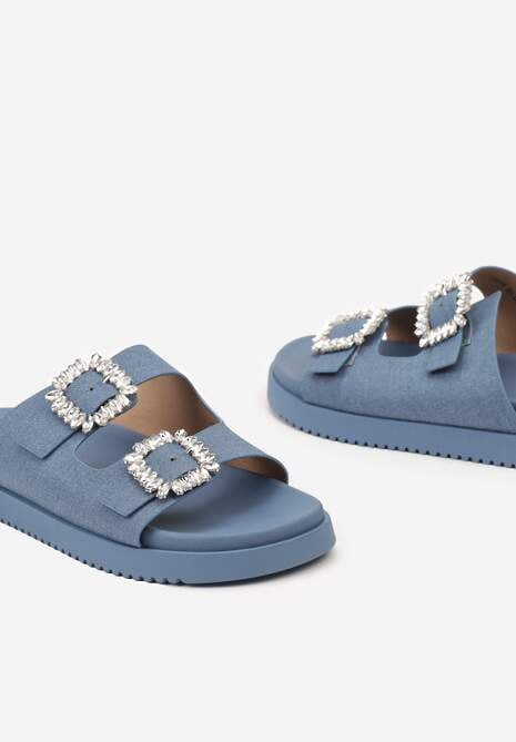 Niebieskie Klapki z Cyrkoniami i Dwoma Paskami na Klamerki Hallotia