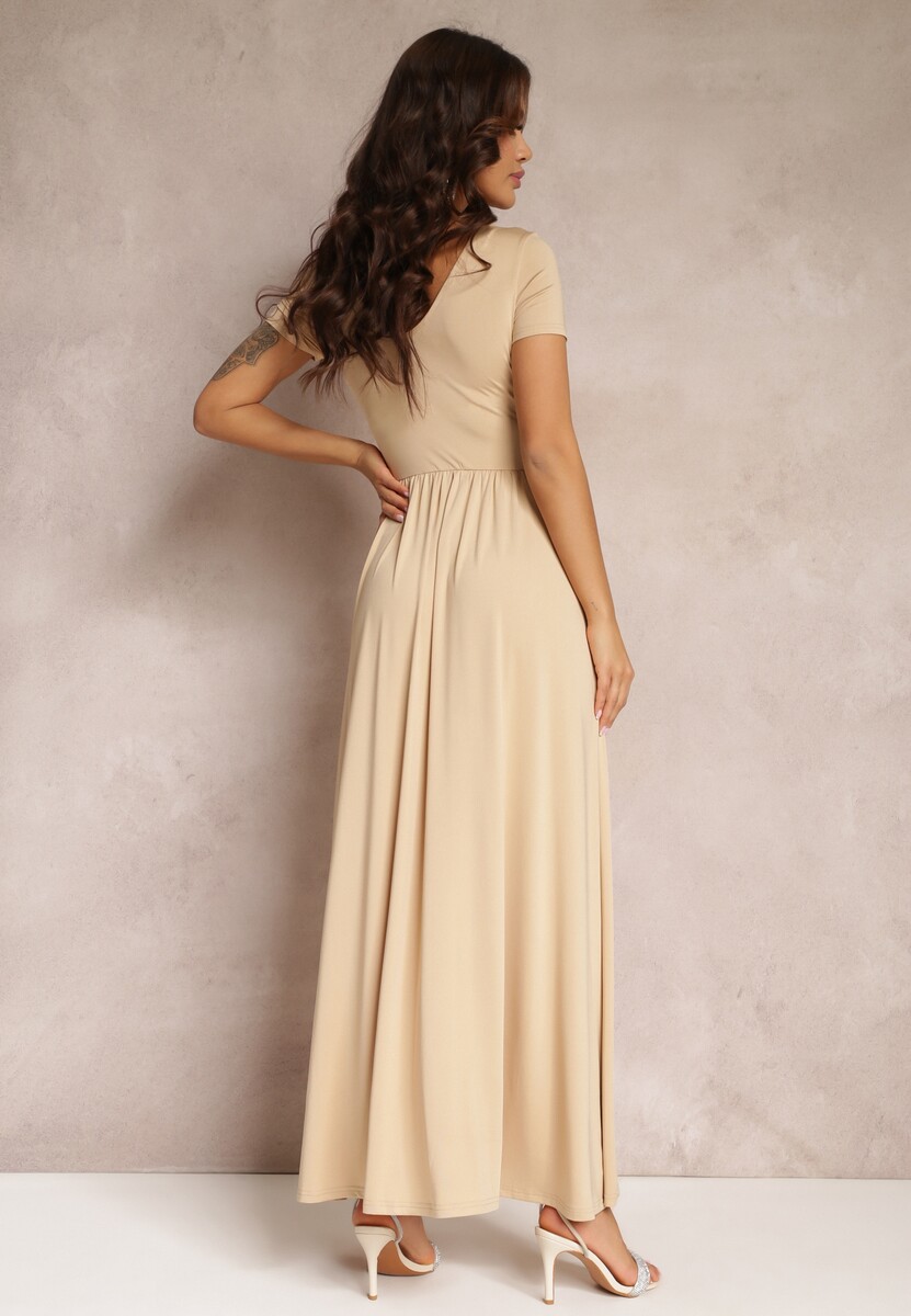 Beżowa Sukienka Maxi z Rozkloszowanym Dołem i Rozcięciem Zarya