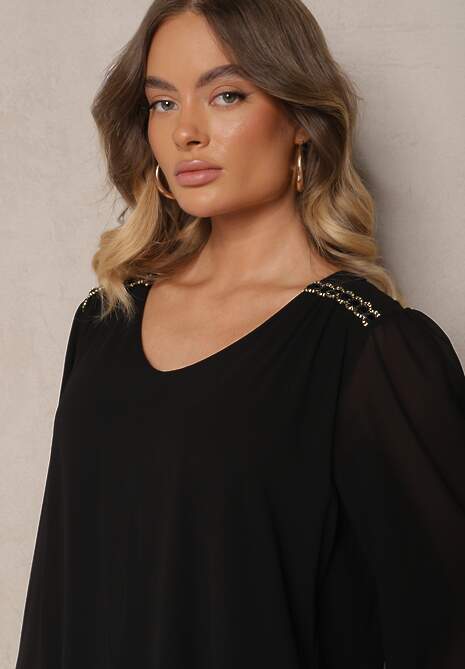 Czarna Sukienka z Wiskozą z Bufiastymi Rękawami i Falbanką u Dołu z Siateczki Ilita