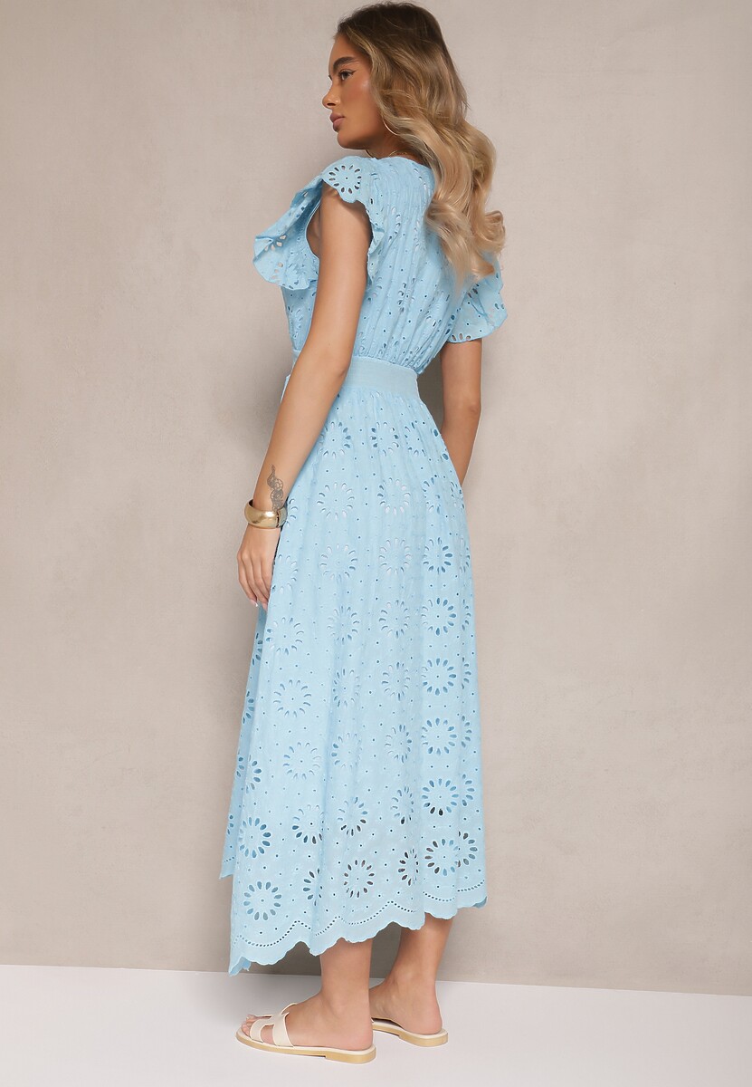 Niebieska Kopertowa Sukienka Ażurowa z Bufiastymi Rękawami Ldivaya