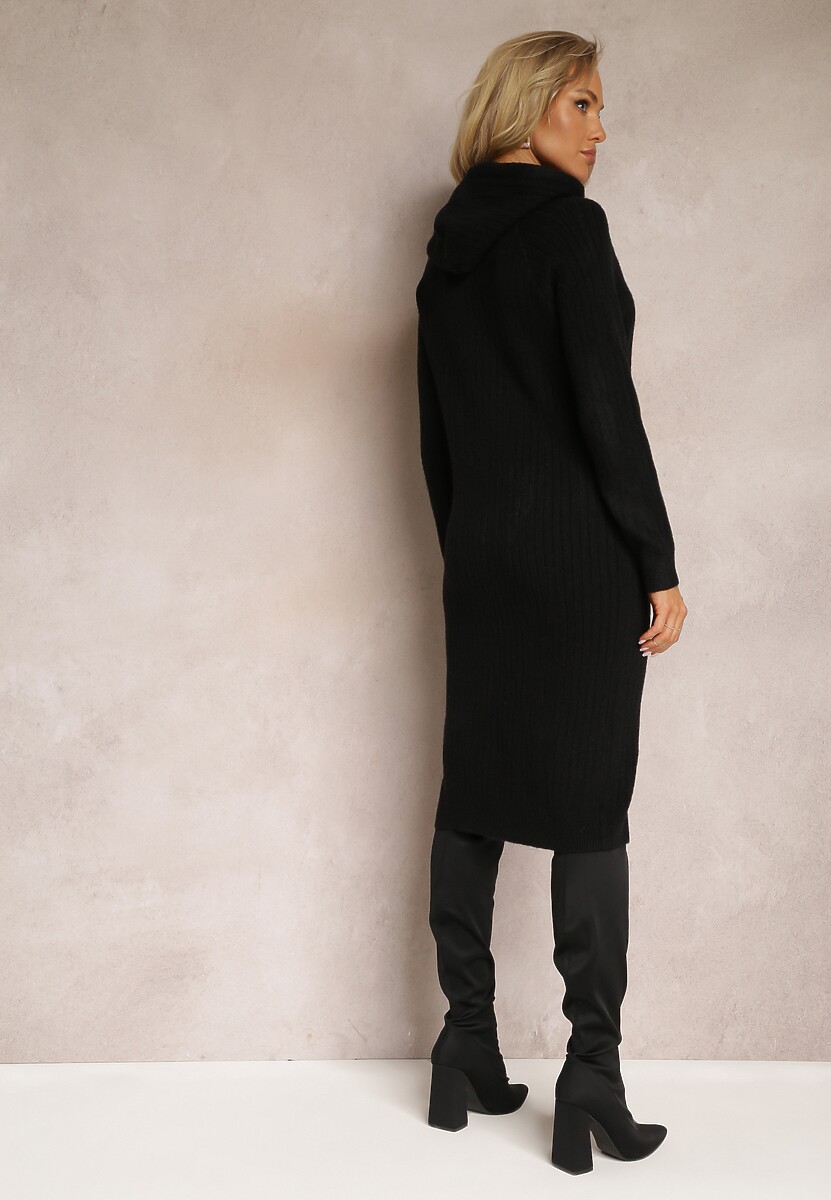 Czarna Wełniana Sukienka w Prążki z Kapturem Opiuda