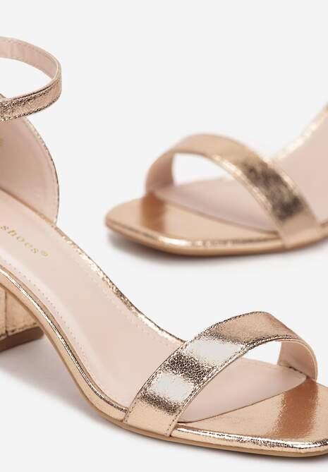 Szampańskie Gładkie Sandały na Słupkowym Obcasie Saia