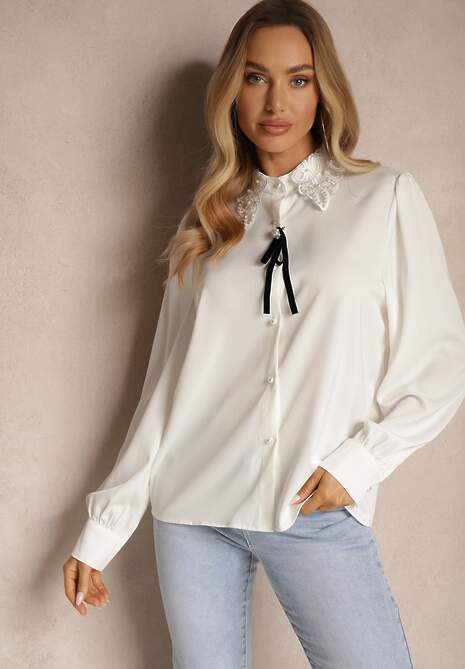 Biała Koszula z Bufiastymi Rękawami Kołnierzem z Perłami i Broszką Gonathiel