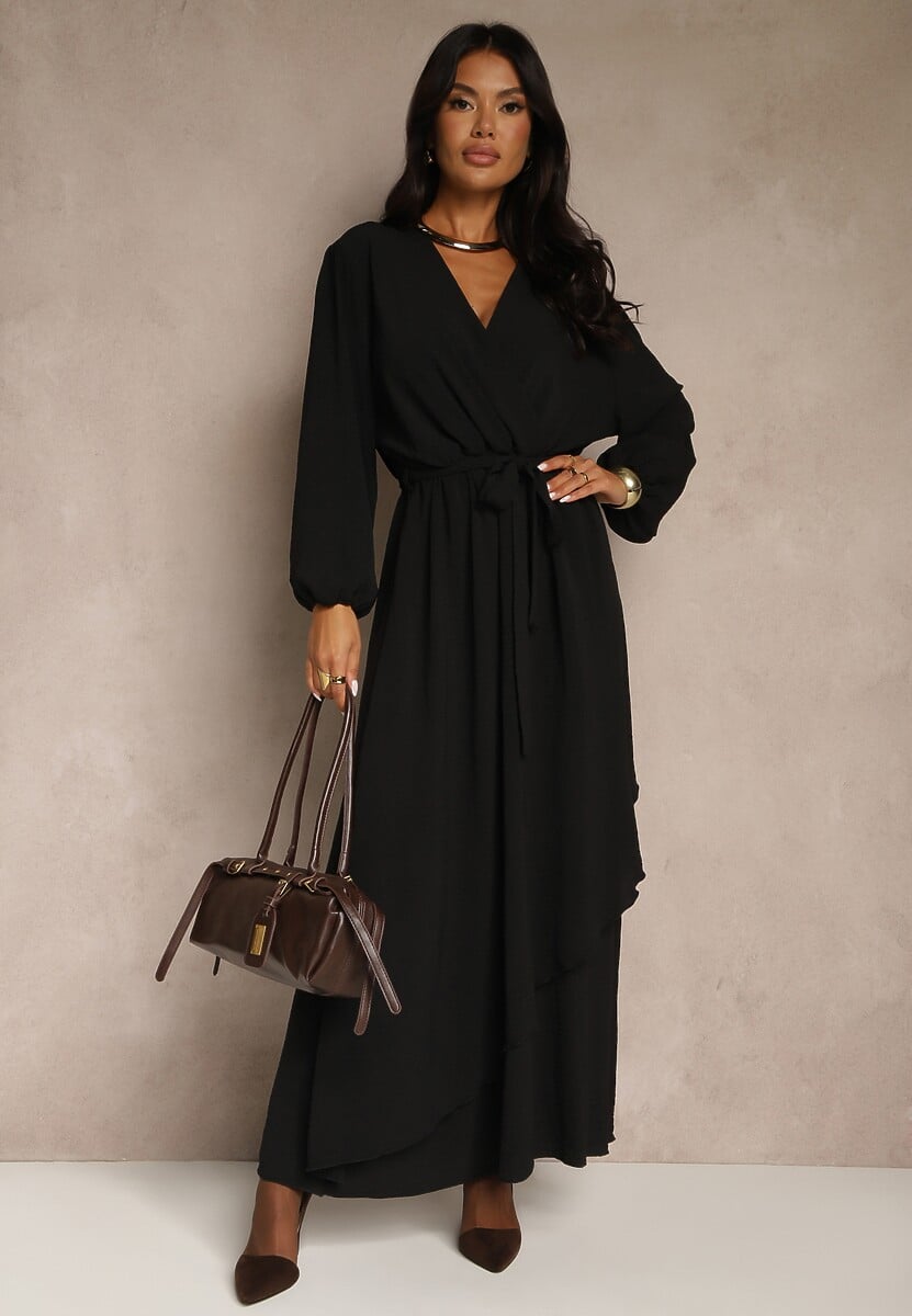 Czarna Asymetryczna Koktajlowa Sukienka z Wiskozą Kopertowym Dekoltem i Paskiem Laniea