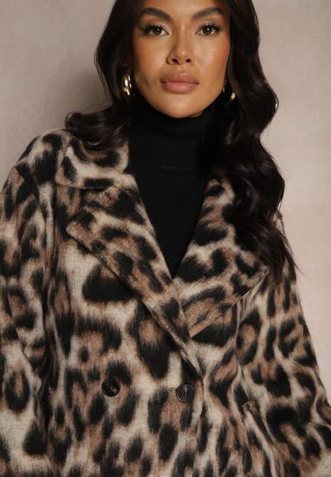 Brązowy Panterkowy Płaszcz Dwurzędowy z Wsuwanymi Kieszeniami Niarelith