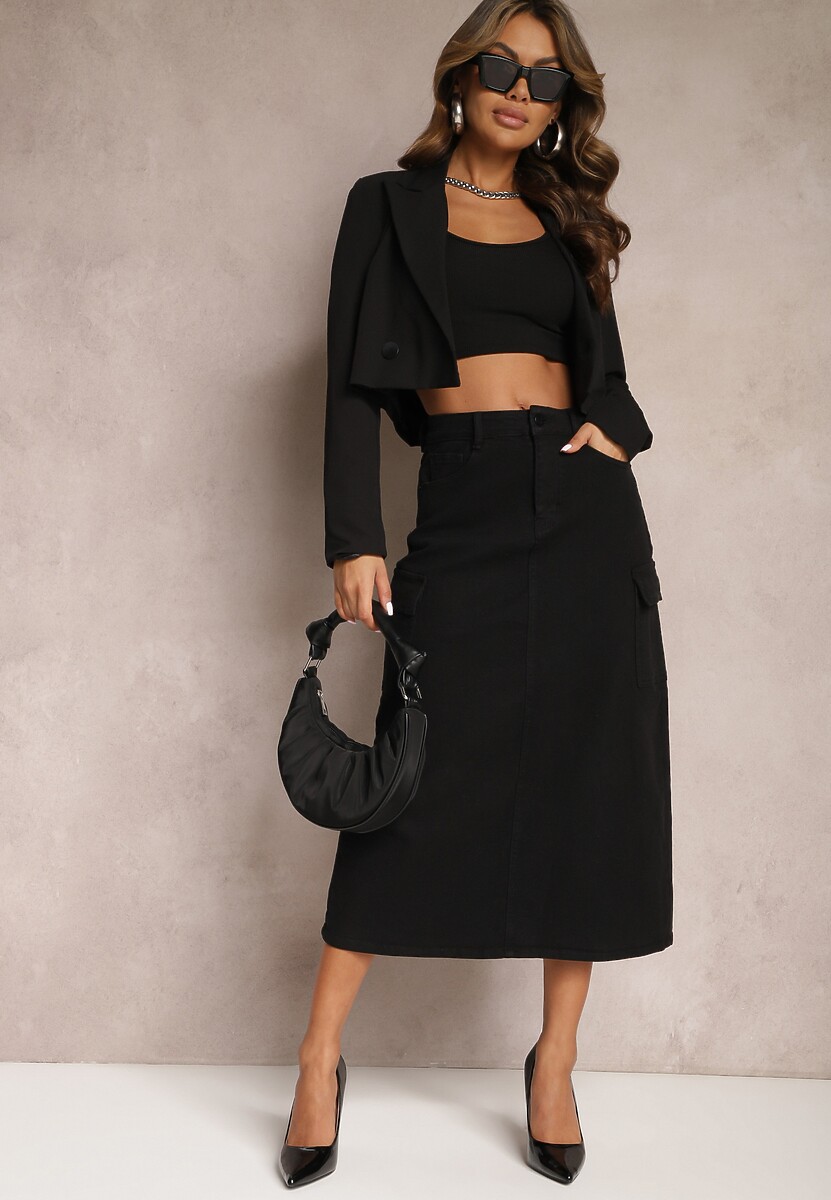 Czarna Spódnica Jeansowa Midi Typu Cargo z Kieszeniami Dyleta