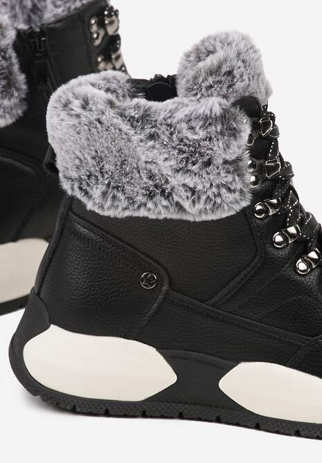 Czarne Trapery Ocieplone i Ozdobione Pluszowym Futerkiem Zenela