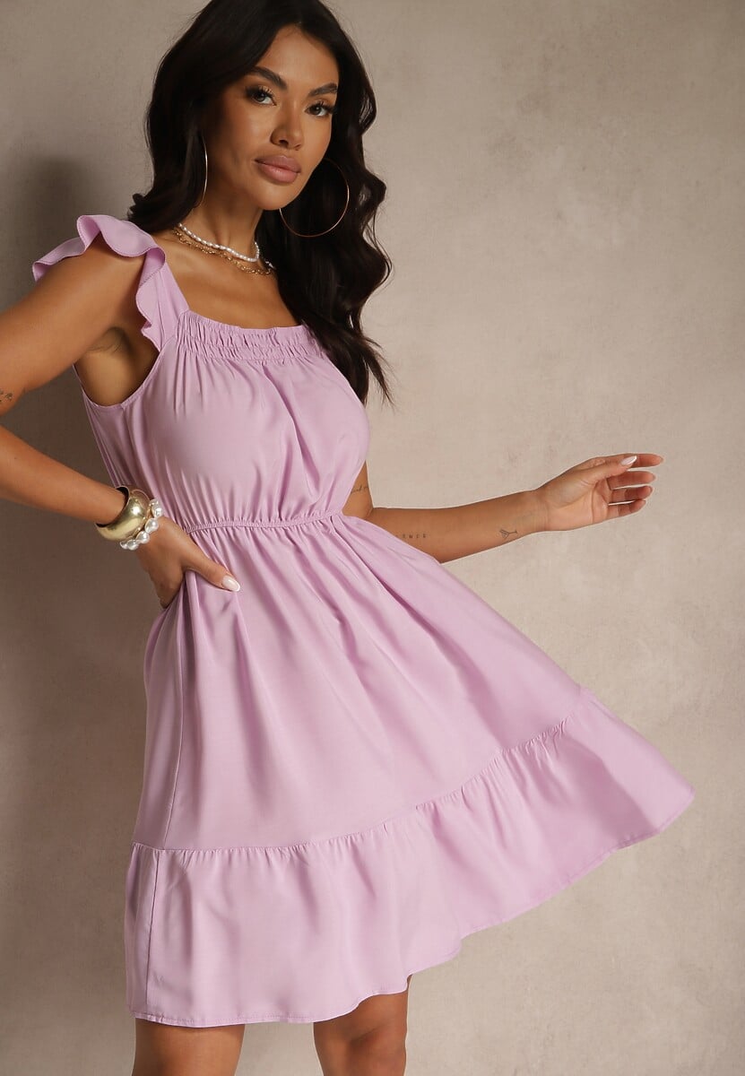 Fioletowa Rozkloszowana Sukienka z Wiskozą z Gumką w Talii Lirandine