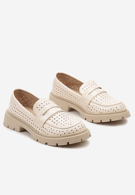 Beżowe Płaskie Mokasyny z Ekoskóry o Ażurowym Wykończeniu Cevora