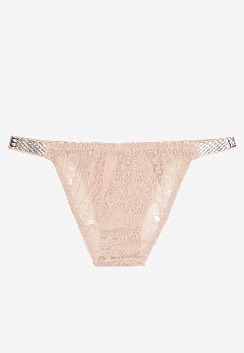 Jasnoróżowe Bawełniane Majtki Figi z Koronki Ozdobione Cyrkoniami Elenivia