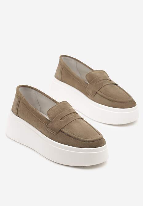 Ciemnobeżowe Półbuty w Stylu Mokasynów na Platformie ze Skóry Naturalnej Nilovira