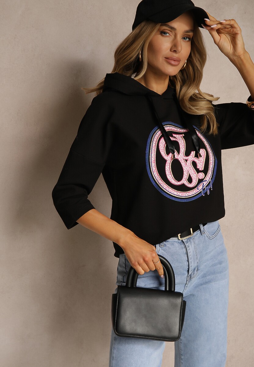 Czarna Bluza z Kapturem Ozdobnym Nadrukiem i Rękawami 3/4 Saniressa