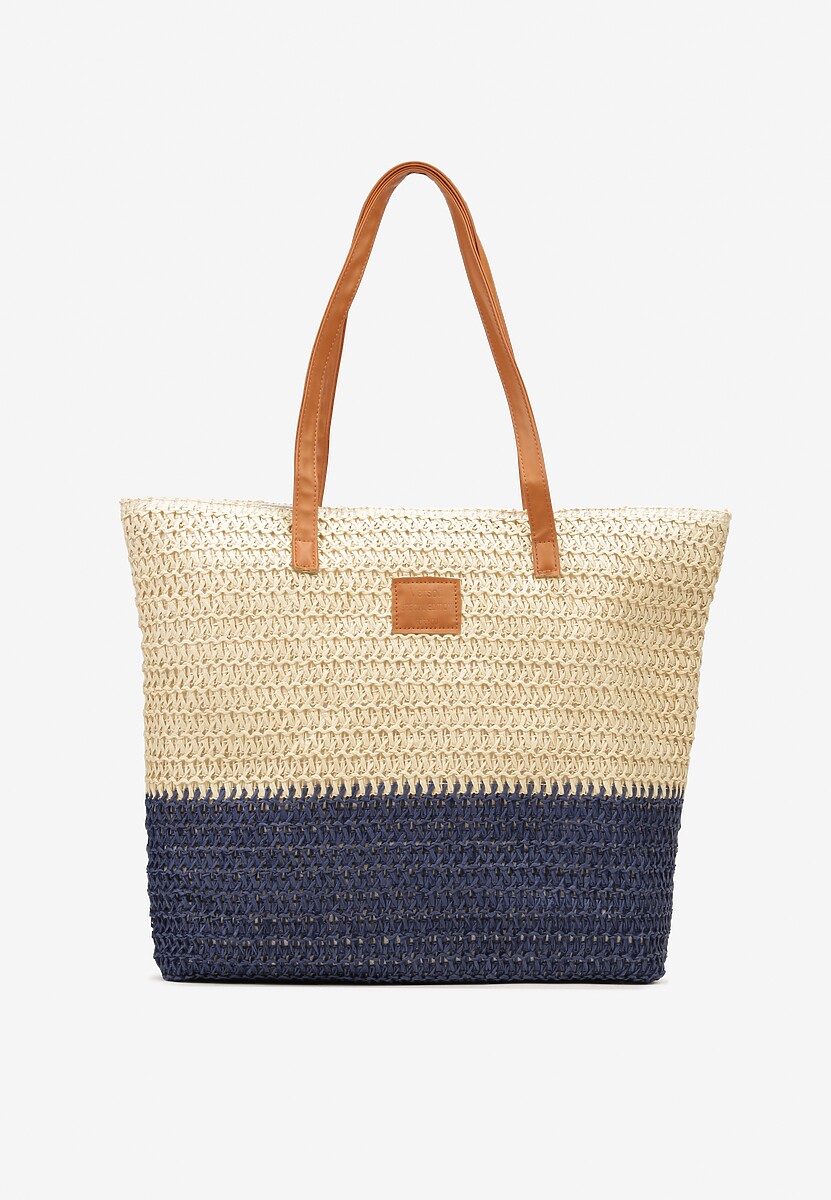 Beżowo-Granatowa Duża Torebka Jednokomorowa na Suwak o Plecionym Fasonie Kastra