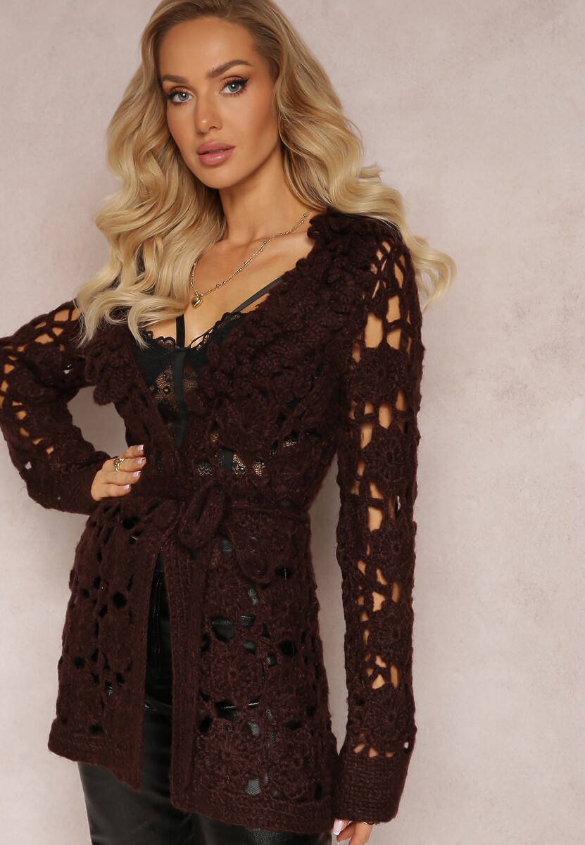 Ciemnobrązowy Ażurowy Kardigan z Wiązanym Paskiem Petrame