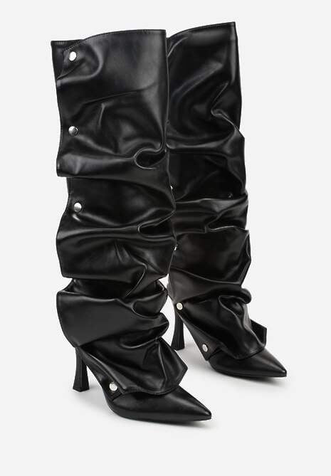 Czarne Marszczone Kozaki na Szpilce z Cholewką na Napy Reiantha