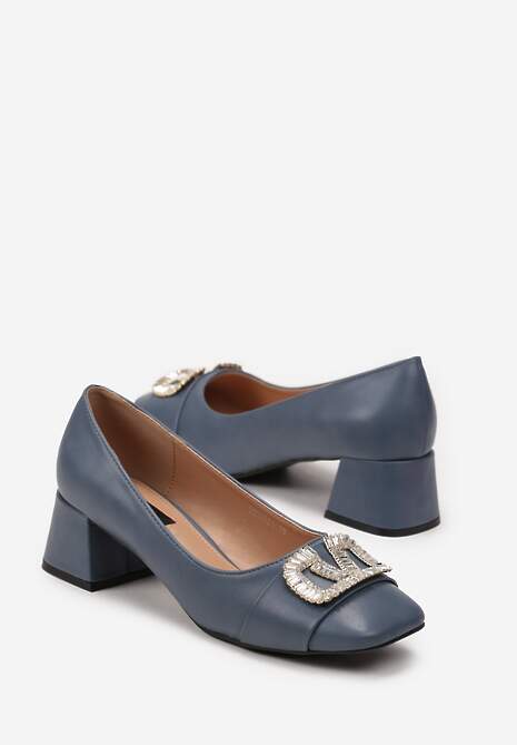 Niebieskie Czółenka z Klamrą na Froncie z Cyrkoniami na Słupku Lactis