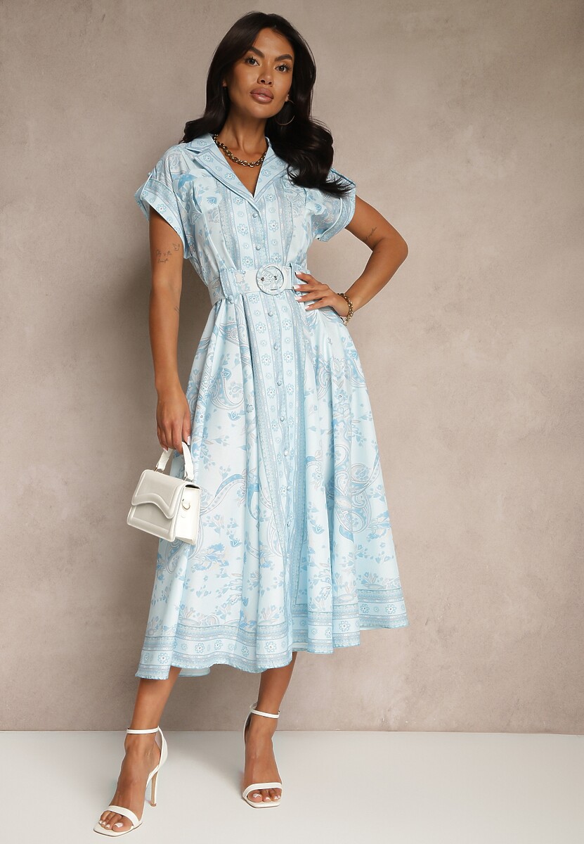 Niebieska Sukienka z Lnu i Wiskozy o Koszulowym Kroju z Paskiem z Klamrą Aluvanna