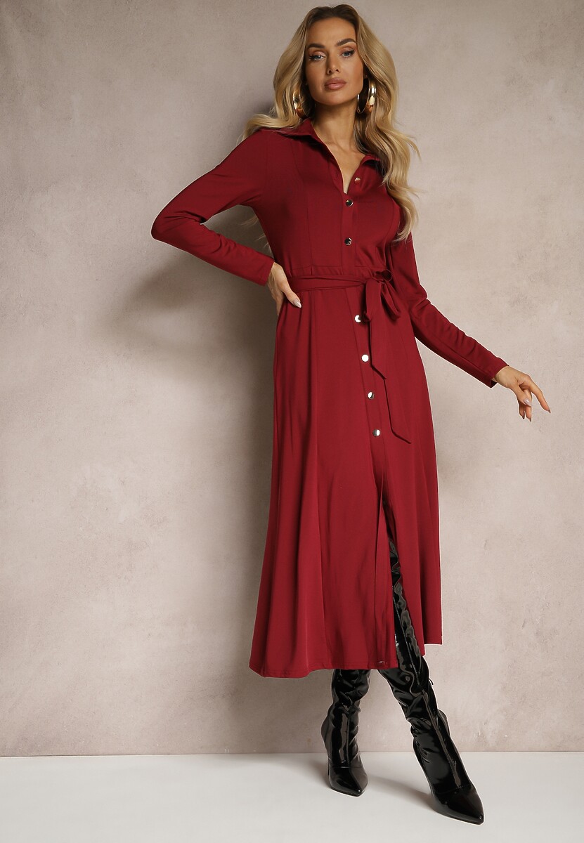 Czarna Długa Sukienka Koszulowa z Wiązaniem w Talii Levae