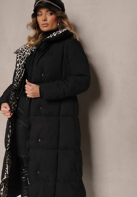 Czarno-Beżowa Długa Kurtka z Pikowanymi Przeszyciami i Kołnierzem w Panterkę Wiązana w Talii Tilfezi