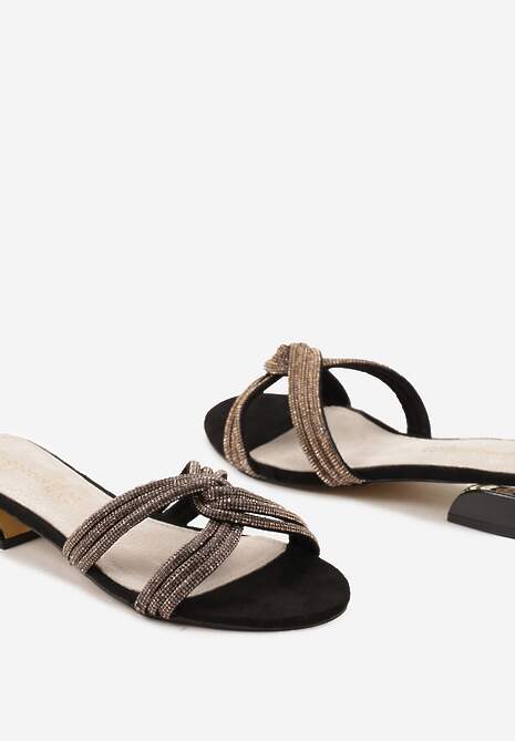Czarne Klapki z Niskim Obcasem i Cyrkoniami na Splecionych Paseczkach Libiusa