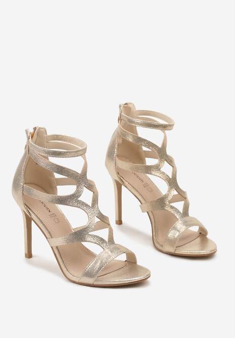 Złote Sandały Szpilki ze Skórzaną Wkładką i Ozdobnymi Paskami na Suwak Perseisa